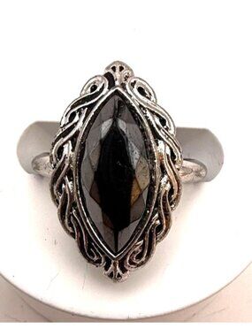 VTG Avon Silver Tone Black Marquise Cabochon Statement Ring Size 6 Retro Fashion